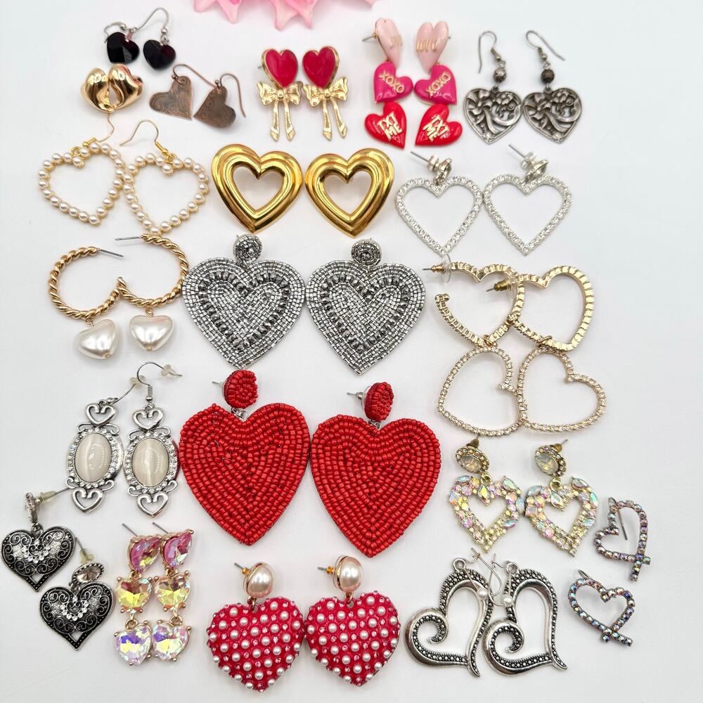 Heart Pierced Earring Lot Costume Jewelry Mixed Styles Vintage To Now 20 Pair